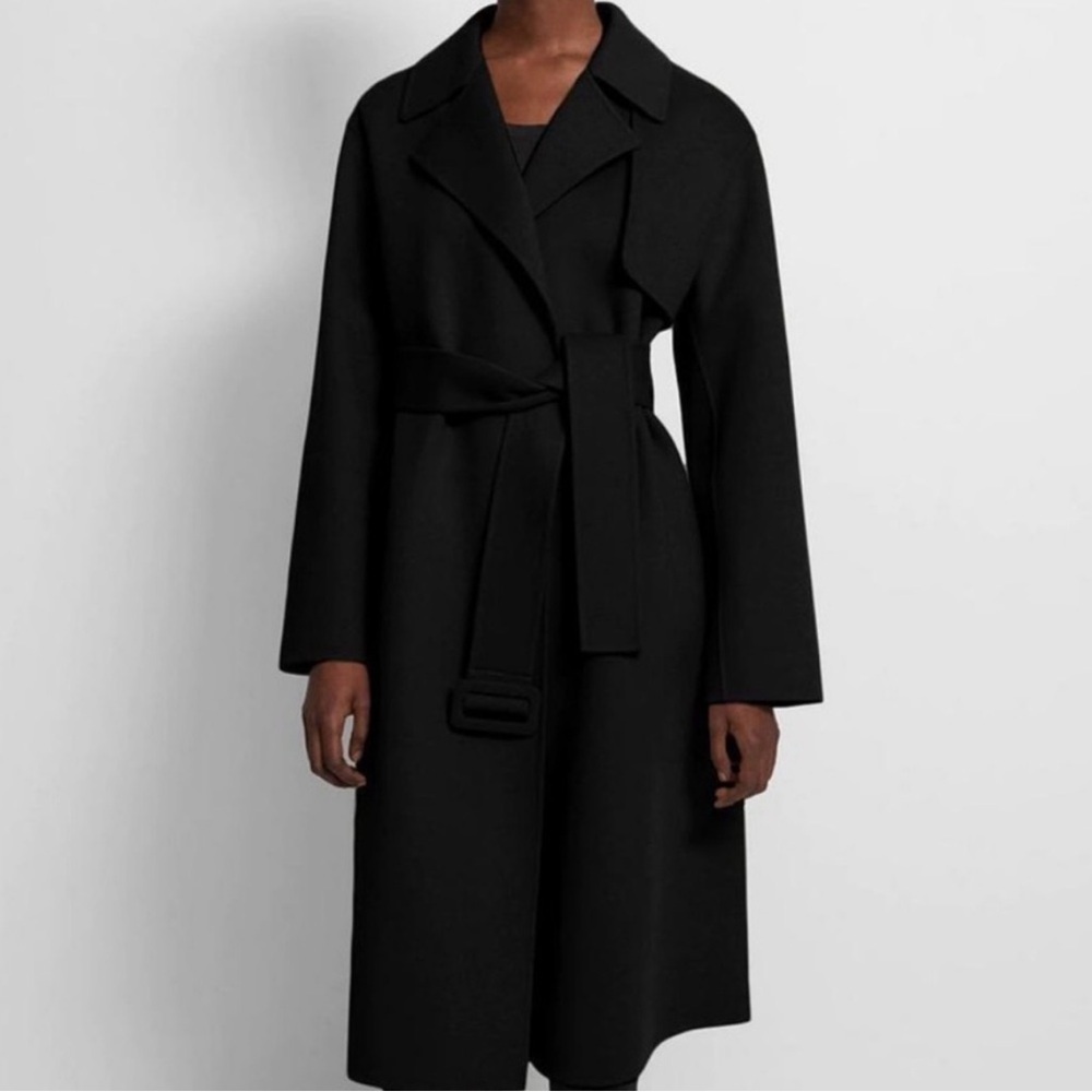 Nwt Theory Long Wrap Belted Trench Coat Wool Cashmere Black Sz M